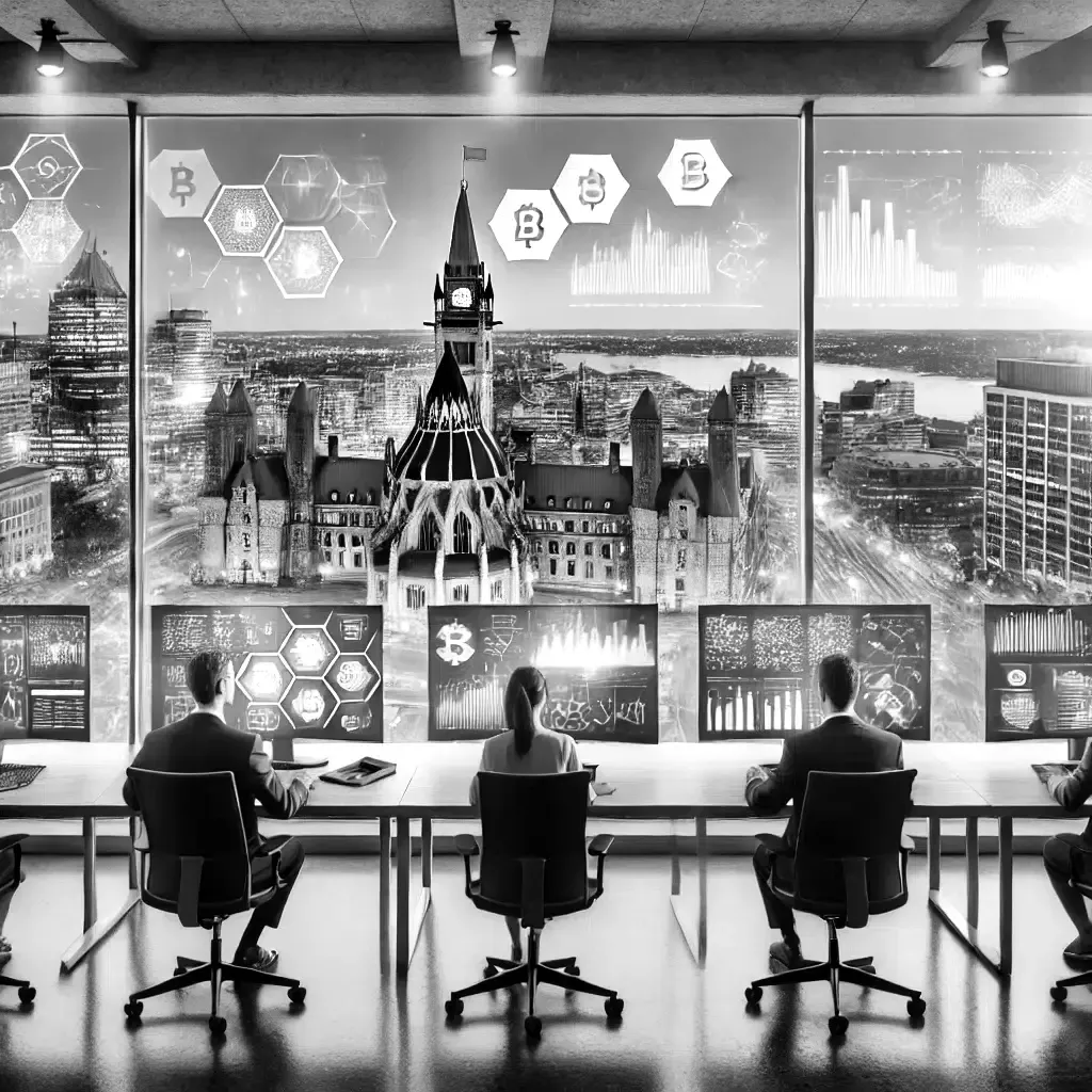Financial analysts in an Ottawa office reviewing blockchain settlement and compliance requirements