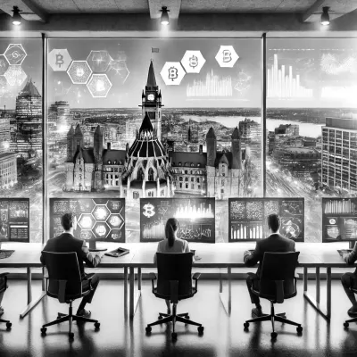 Financial analysts in an Ottawa office reviewing blockchain settlement and compliance requirements