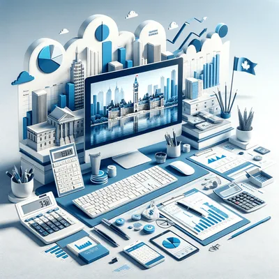 An illustration of organised bookkeeping records, reconciliation reports and accounting software for a small business