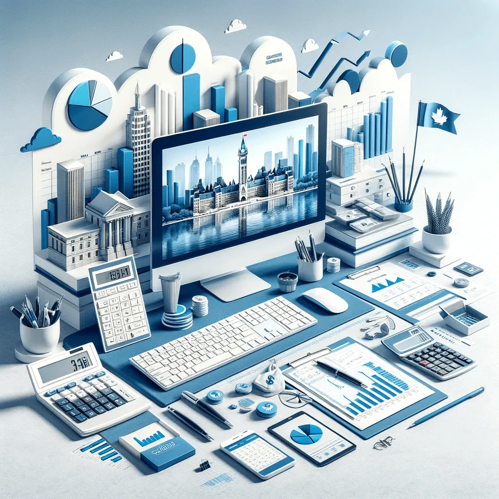 An illustration of organised bookkeeping records, reconciliation reports and accounting software for a small business