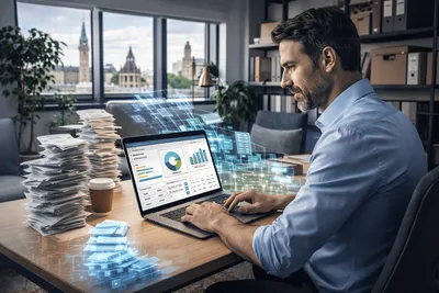 An accountant working through corporate tax filing deadlines and instalment schedules with stacked documents