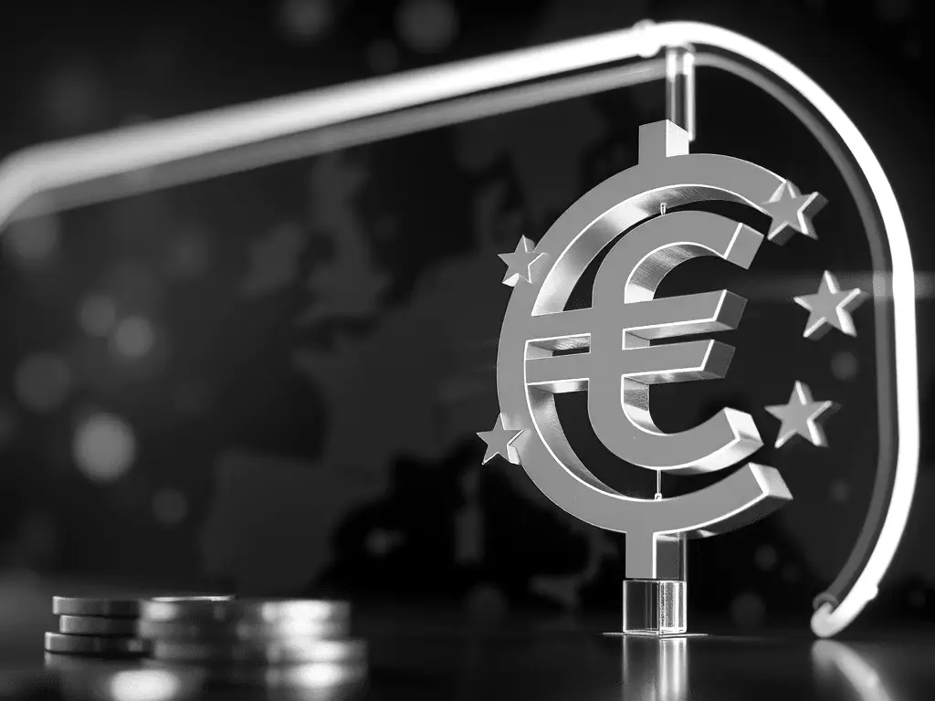 A euro-denominated stablecoin represented alongside European regulatory documents and digital settlement rails