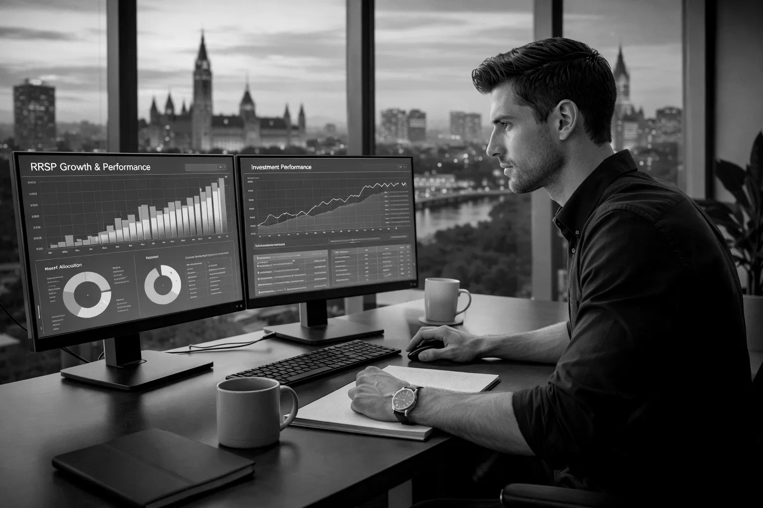 An Ottawa tech worker reviewing RRSP contribution room alongside an equity compensation vesting schedule