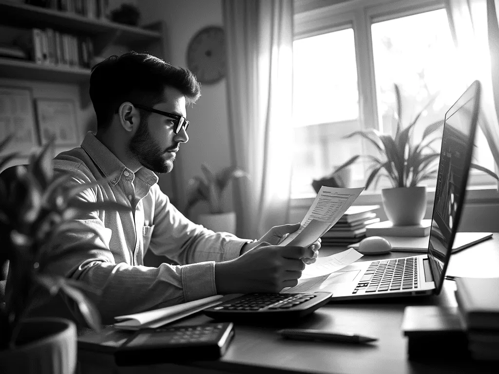 A freelancer reviewing invoices and a cash flow forecast at a home workspace in Ottawa