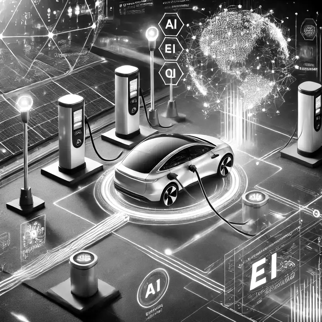 An electric vehicle plugged into a charging station surrounded by digital charging network graphics