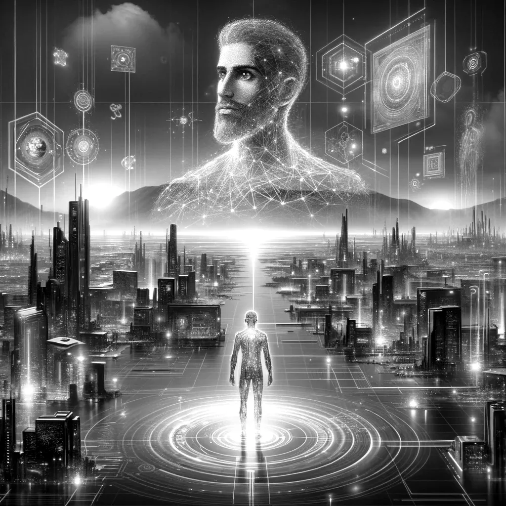 A digital avatar stands in a vast virtual cityscape with holographic interfaces and neon lights, symbolizing the Metaverse.
