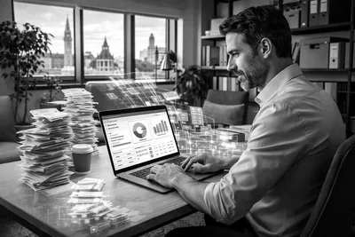 A small business owner reviewing automatically categorised transactions and attached receipts in cloud accounting software