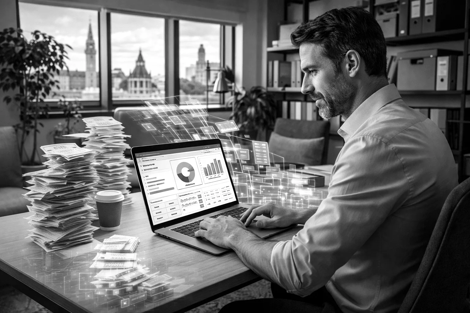Small business owner managing automated accounting