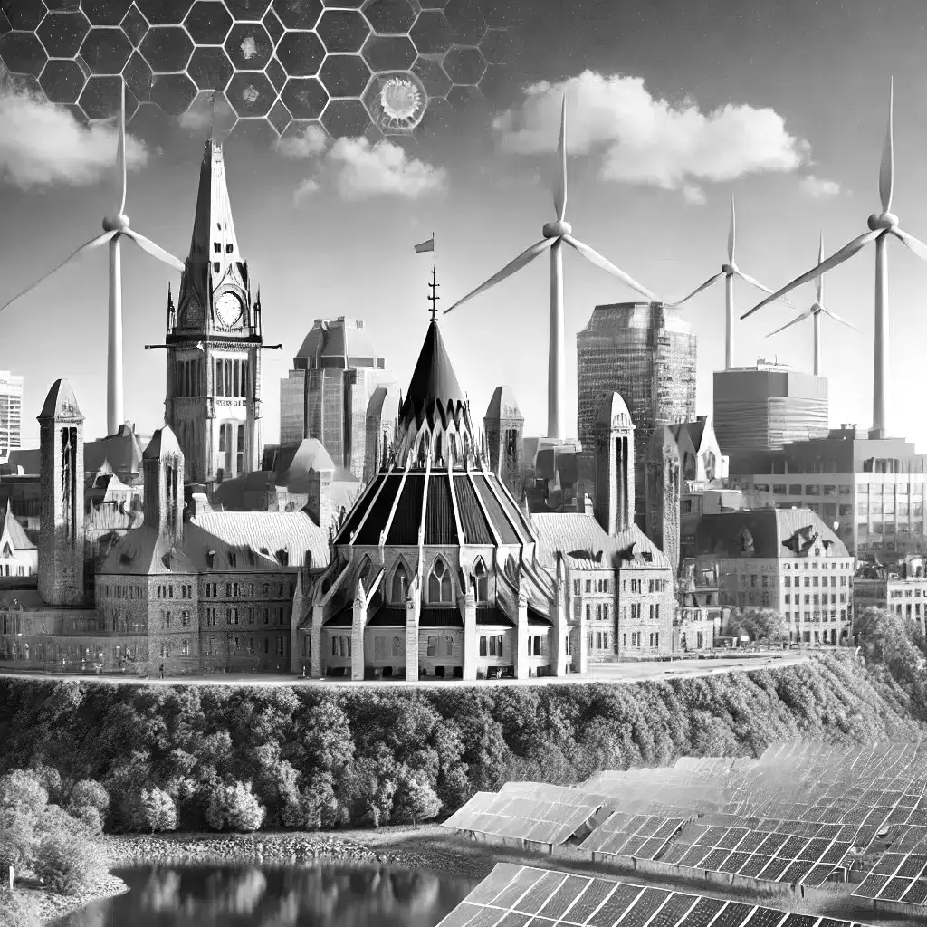 A modern Ottawa skyline with wind turbines and solar panels.