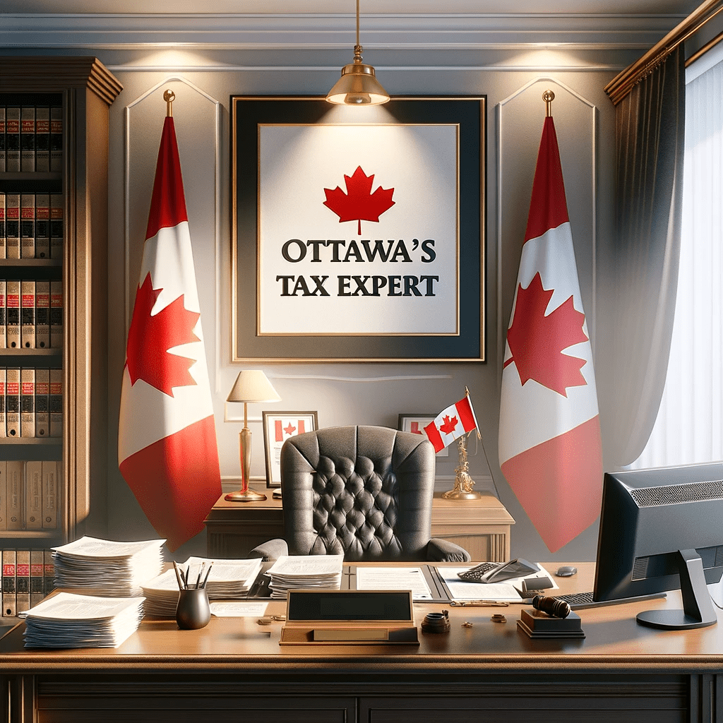 Khaled Hawari's office, the leading Ottawa tax services provider, with Canadian flags and essential tax resources on display