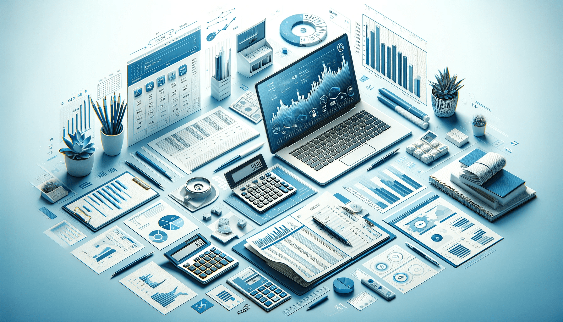 Aerial view of a modern accounting workspace with financial documents, charts, calculators, and a laptop displaying analytical software