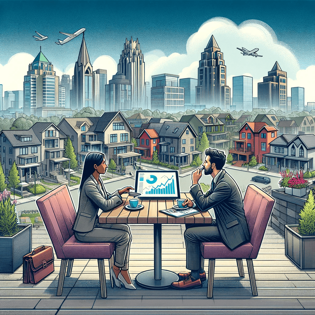 Two professionals discussing the Ottawa Housing Market over data charts on a rooftop overlooking a stylized cityscape