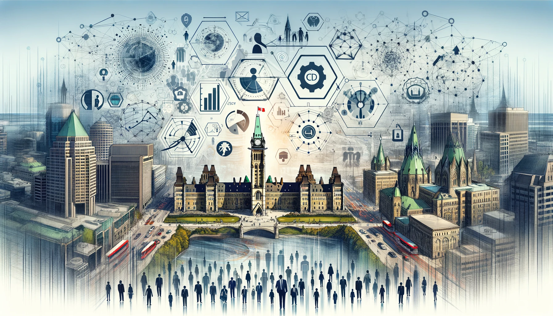 Abstract illustration of Ottawa's skyline blended with strategic planning and financial icons, symbolizing comprehensive business services