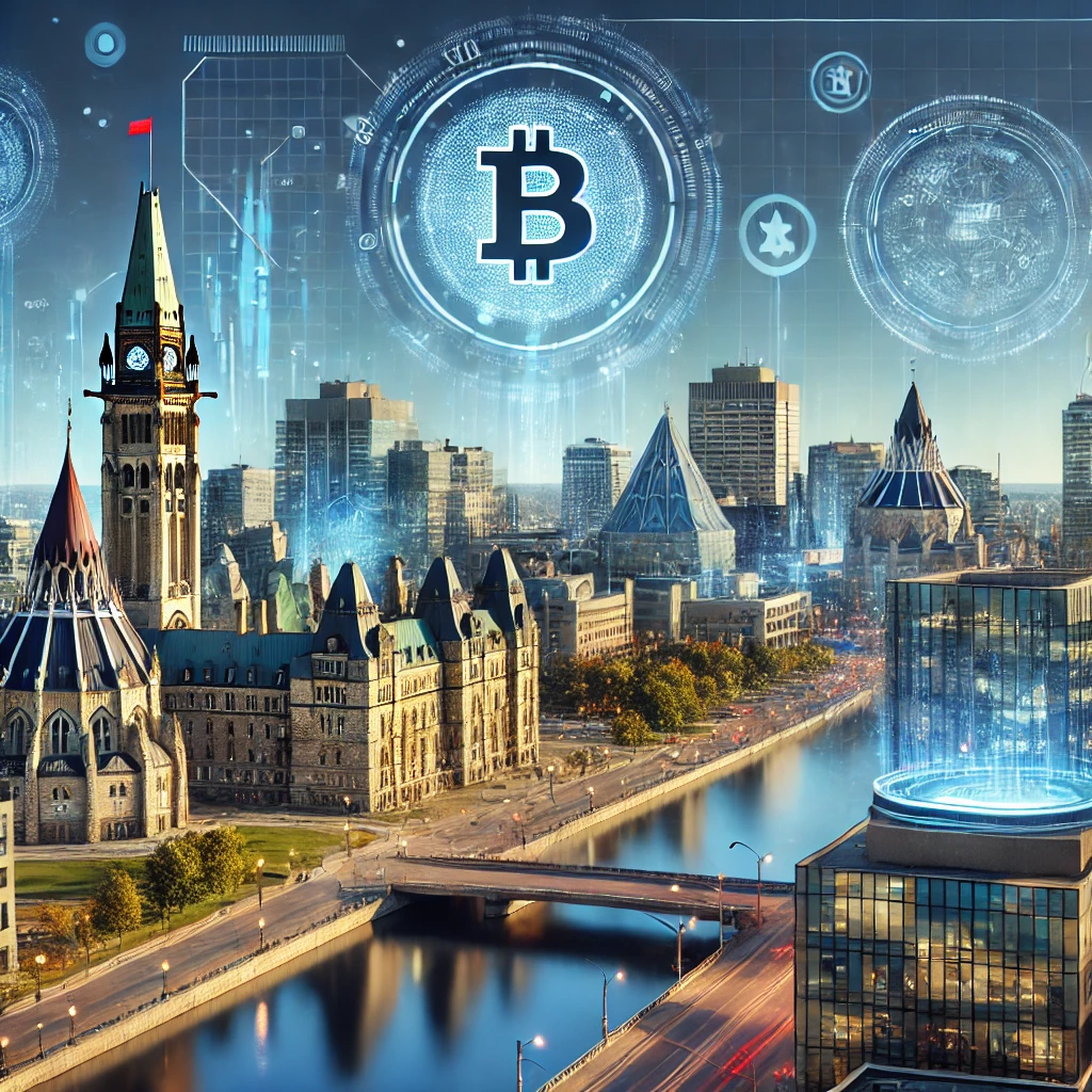 A futuristic cityscape of Ottawa showcasing modern buildings, advanced technology, and a decentralized financial hub with holographic interfaces and blockchain symbols.