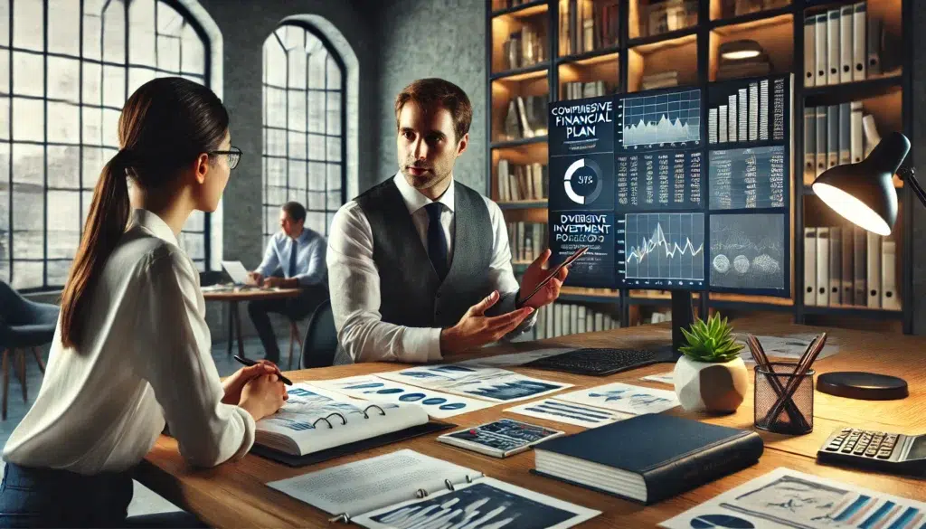 Financial advisor in modern office discussing comprehensive financial plan with client, including charts and investment portfolio on screen