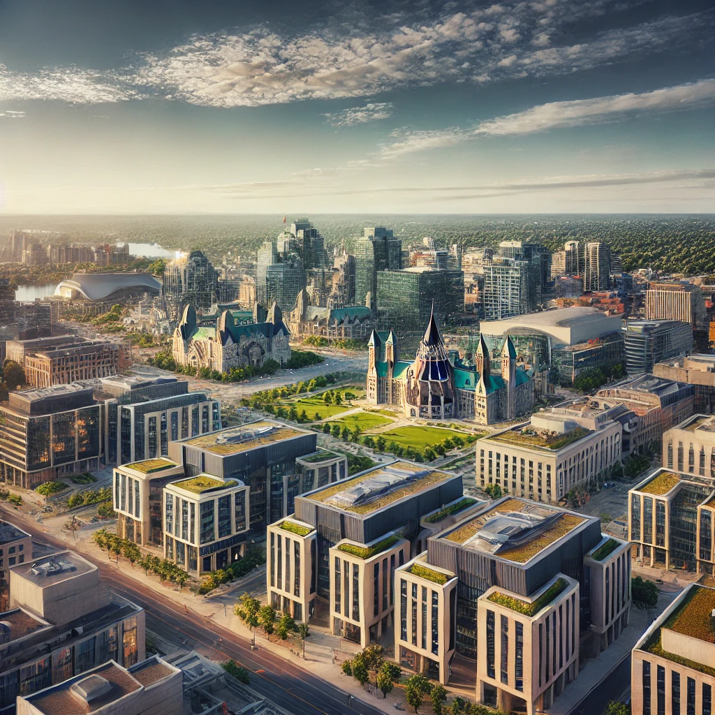 Aerial view of Ottawa's downtown area showcasing modern buildings and green spaces.