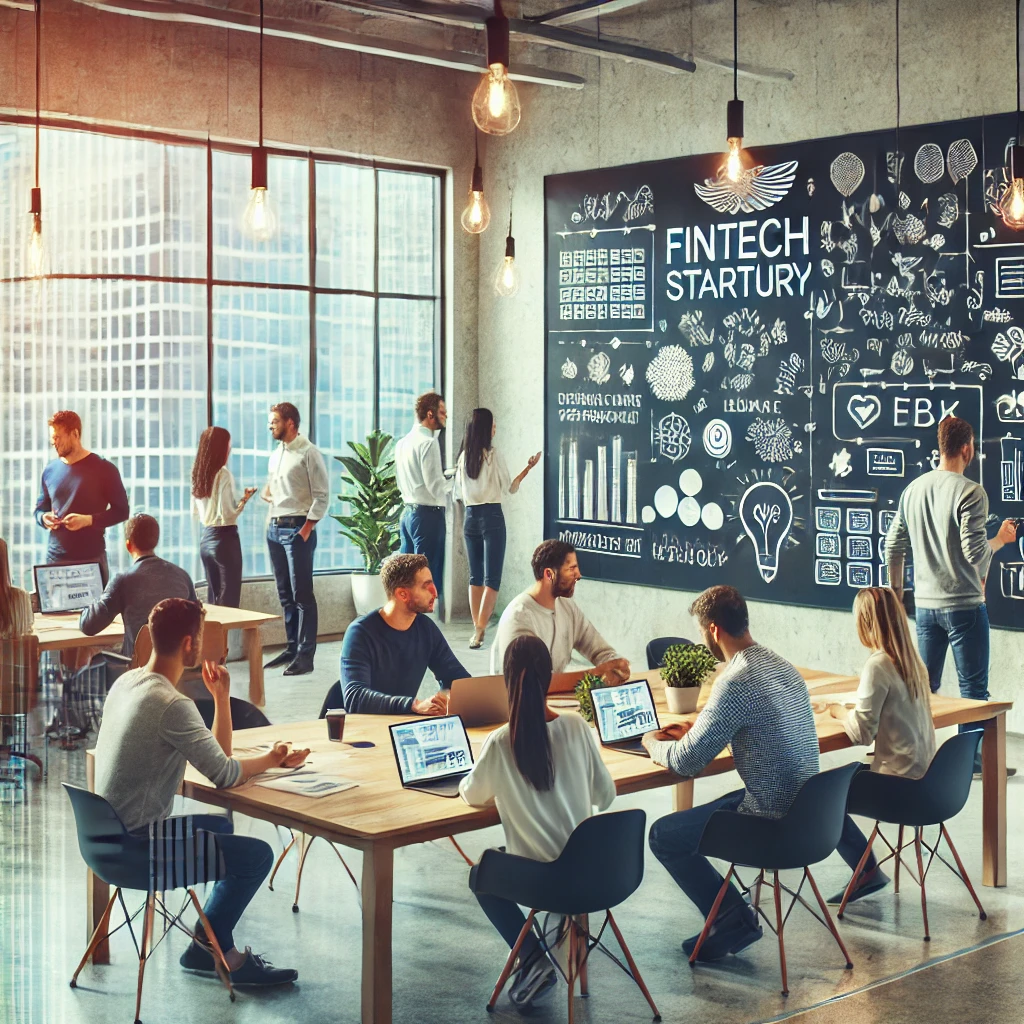 A modern fintech startup office in Ottawa with teams collaborating on innovative projects.