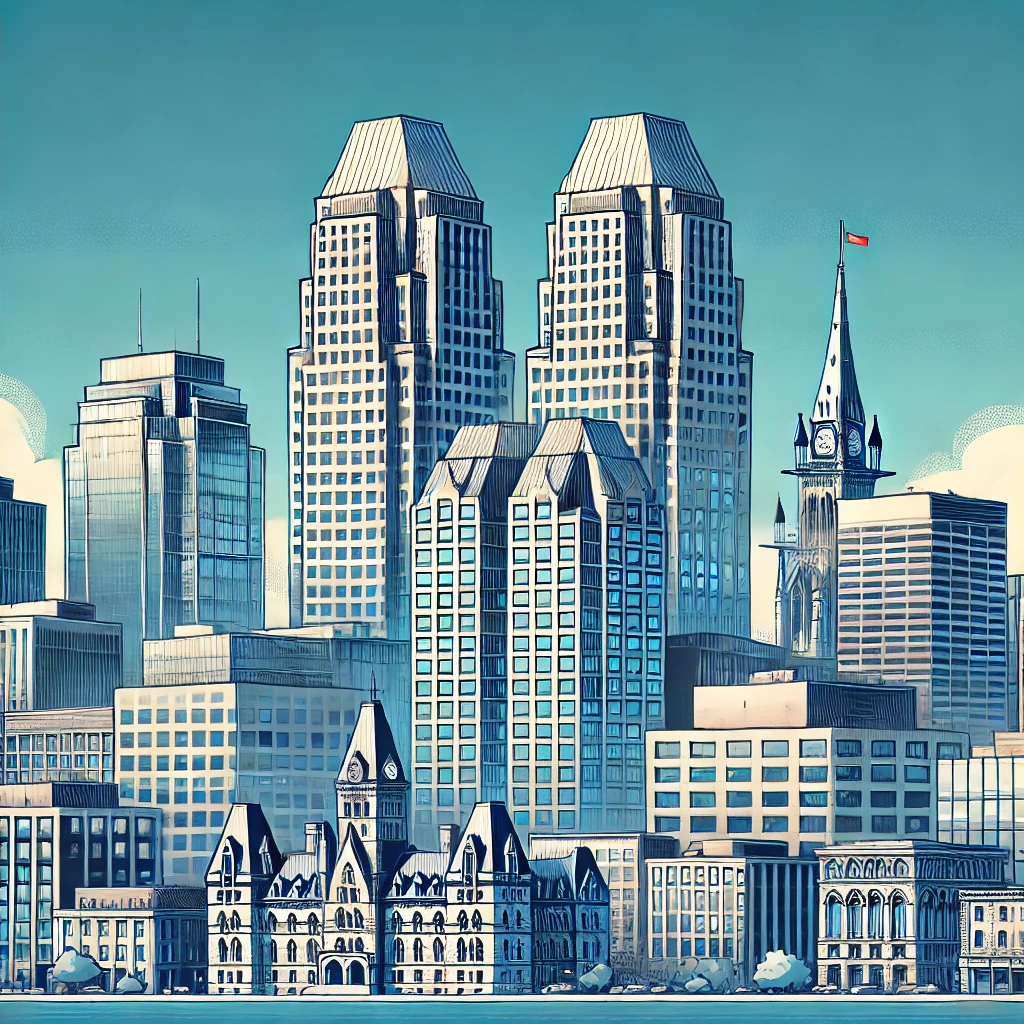 Modern illustration of Ottawa's financial district with high-rise buildings.