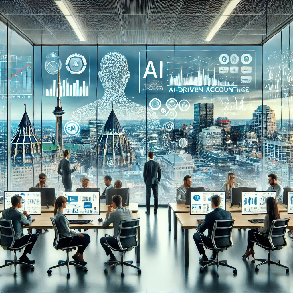 A futuristic office in Ottawa with financial analysts working on AI-driven accounting software.