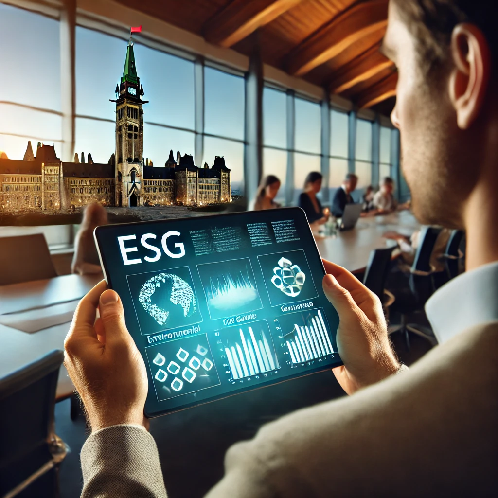 A financial analyst in Ottawa reviewing ESG data on a digital screen.
