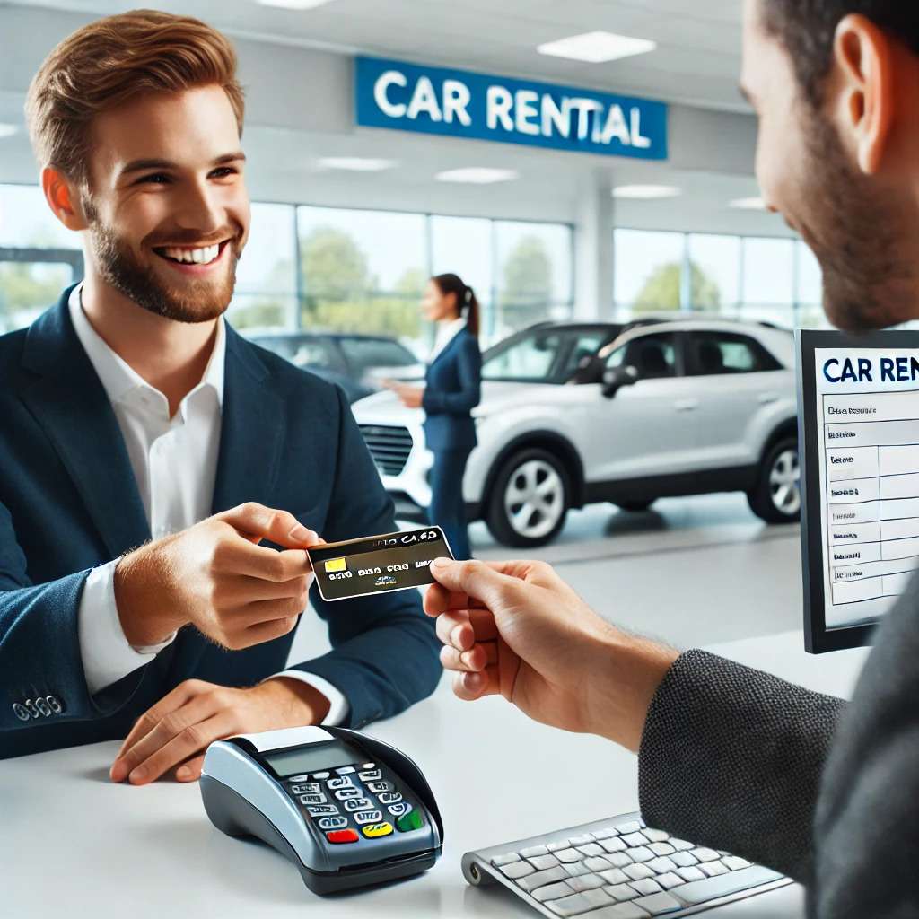 A traveler handing over a credit card to a rental agent at a car rental counter. The rental agent is smiling while processing the payment on a computer, with a modern car rental office and parked rental cars visible in the background.