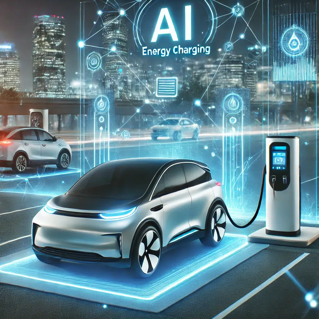 A sleek electric car charging at a futuristic station, illuminated with digital interfaces showcasing AI technology and energy information in a cityscape background.