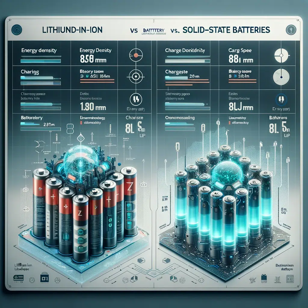 Infographic comparing key specifications of Lithium-Ion and Solid-State batteries, including energy density, charge density, and charge speed.