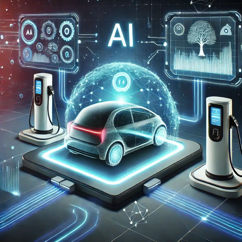 A futuristic scene showcasing an electric vehicle being charged, surrounded by digital interfaces and AI technology elements.