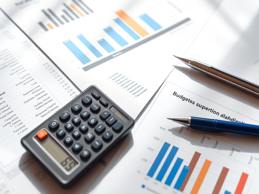 A calculator placed on a desk surrounded by financial documents, including bar graphs and budgets, alluding to personal finance management.