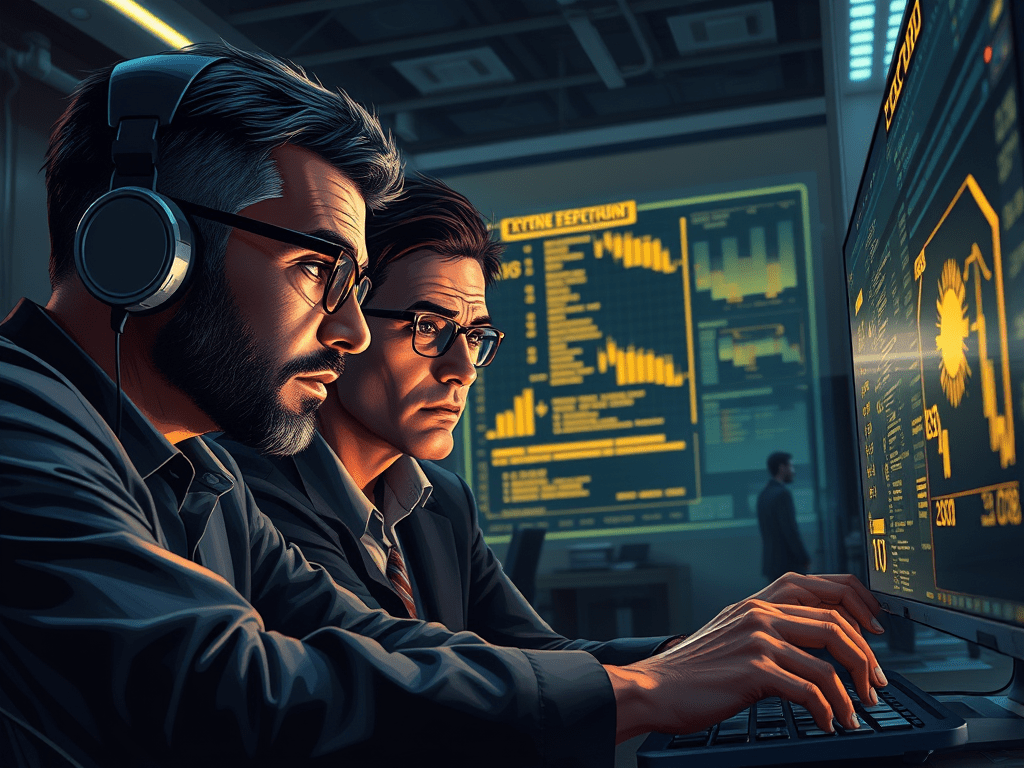 Two men monitoring cryptocurrency data on large screens in a high-tech office environment.