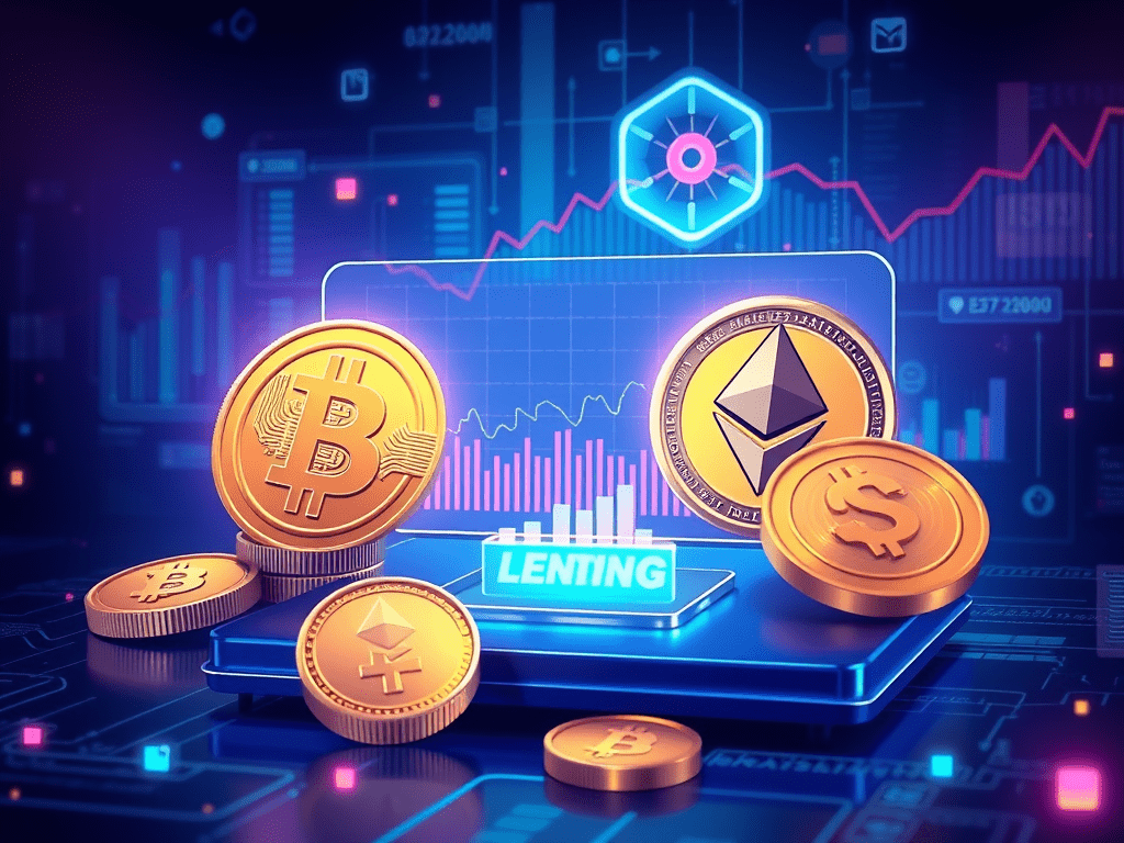 A digital representation of cryptocurrency lending, featuring prominent coins like Bitcoin and Ethereum on a graphical interface displaying market trends and statistics.