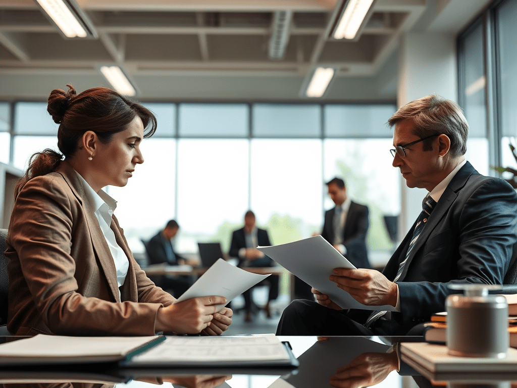 Two professionals engaged in a discussion at a conference table, reviewing documents in a modern office setting with other colleagues visible in the background.