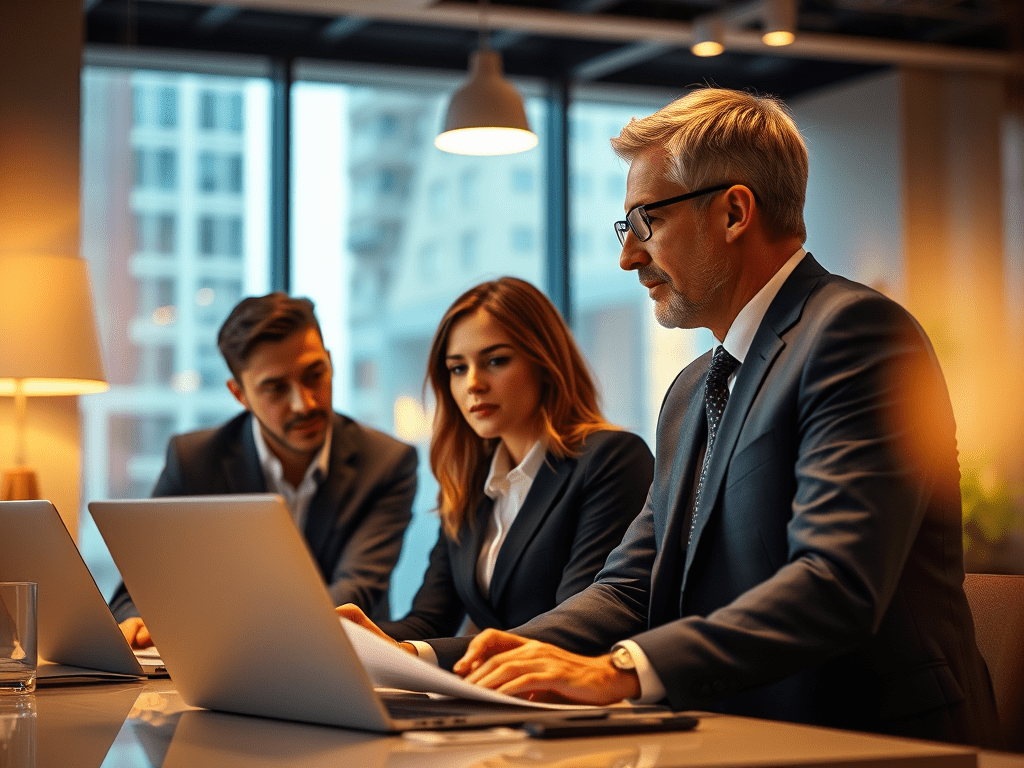 Business professionals in a meeting discussing finance strategies, with laptops and documents in front of them